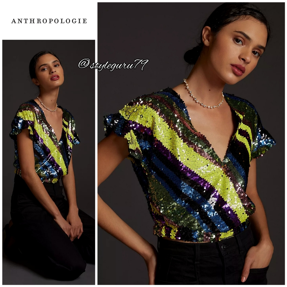 NWT, Anthropologie, Rdalamal Sequined Surplice Cropped Blouse